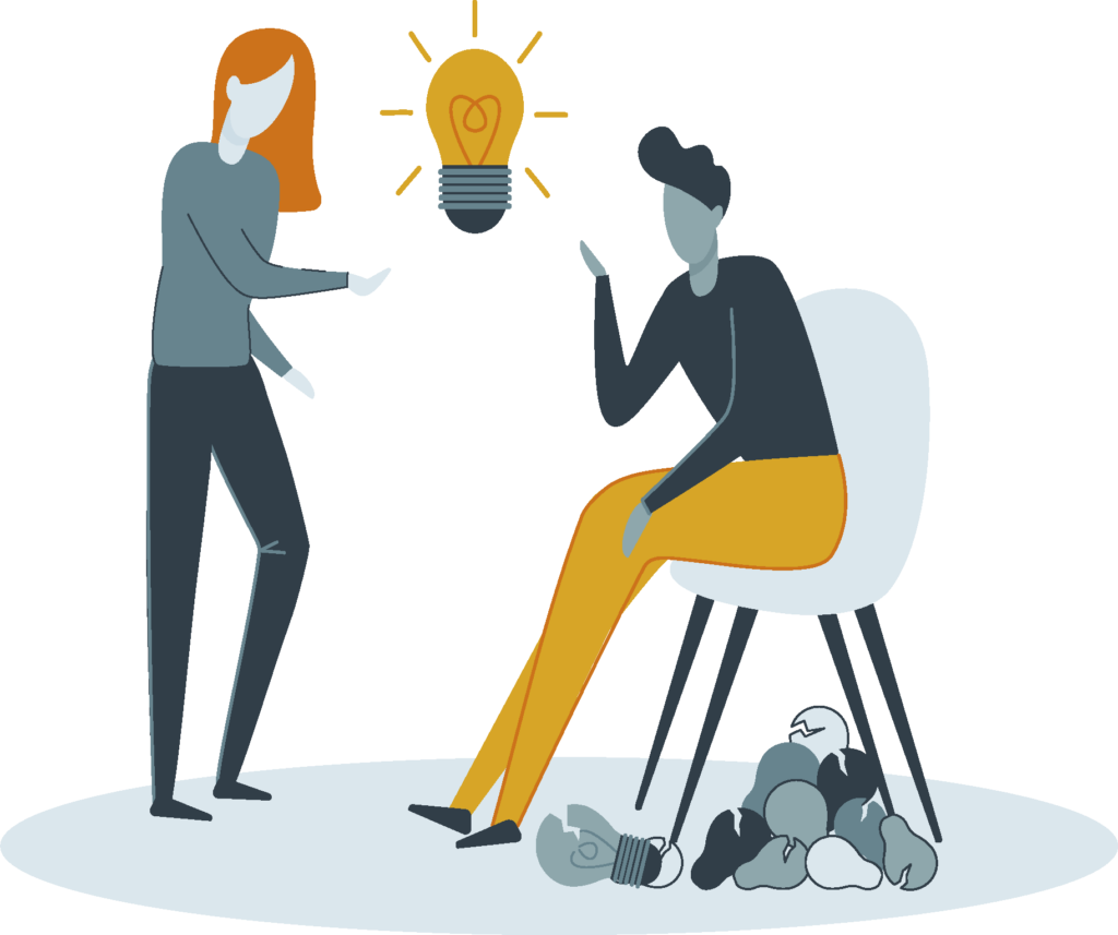 two cartoon people having an idea with a lightbulb between them